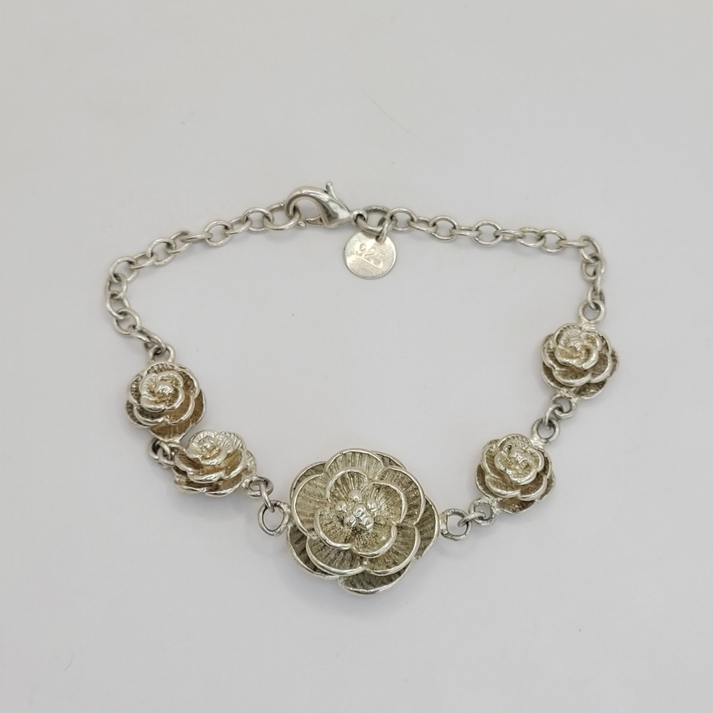 925 Sterling Silver Plated Chunky 3D Rose Flower Floral Link Bracelet